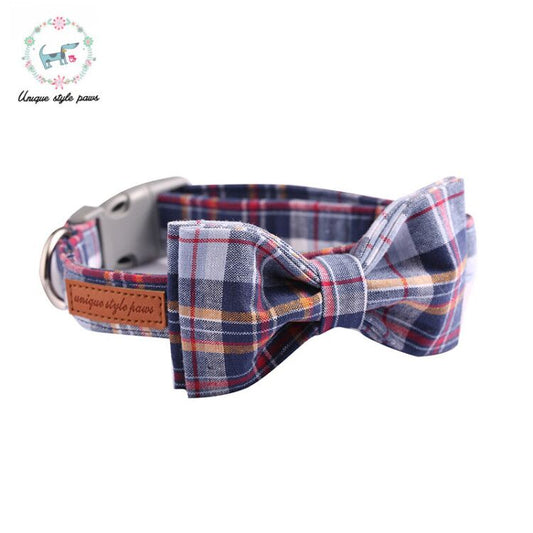 Navy Plaid Bow Tie Dog Collar