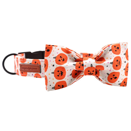 White Halloween Dog Bow Tie Collar with Pumpkin Print