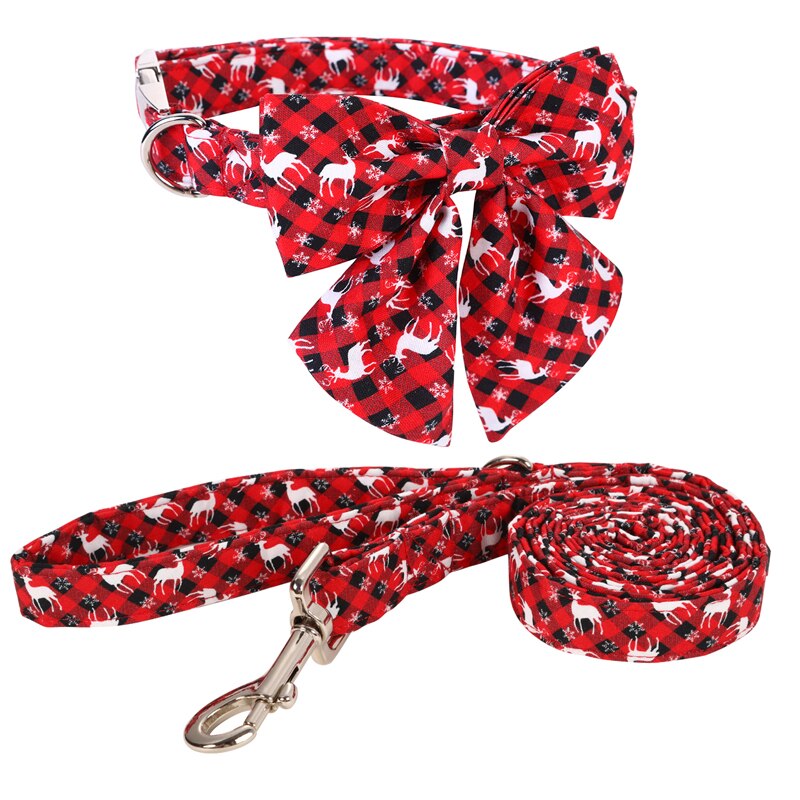 Plaid Adjustable Bow Tie Dog Collar with Reindeer Print