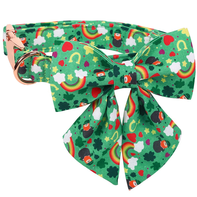 Green St. Patrick's Day Bow Tie Dog Collar with Rainbow and Clover Print