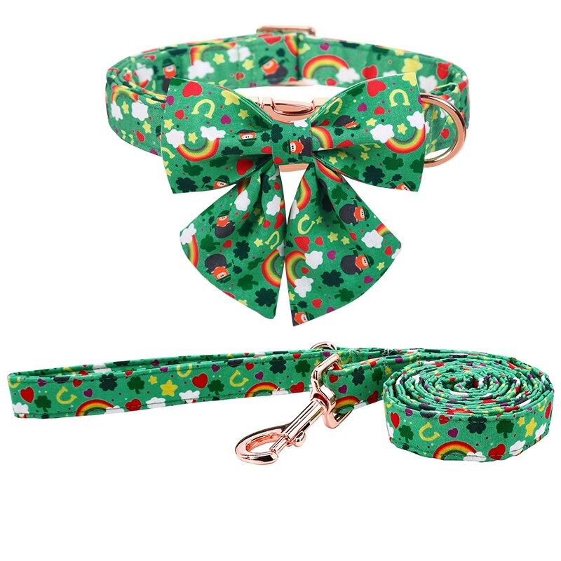 Green St. Patrick's Day Bow Tie Dog Collar with Rainbow and Clover Print