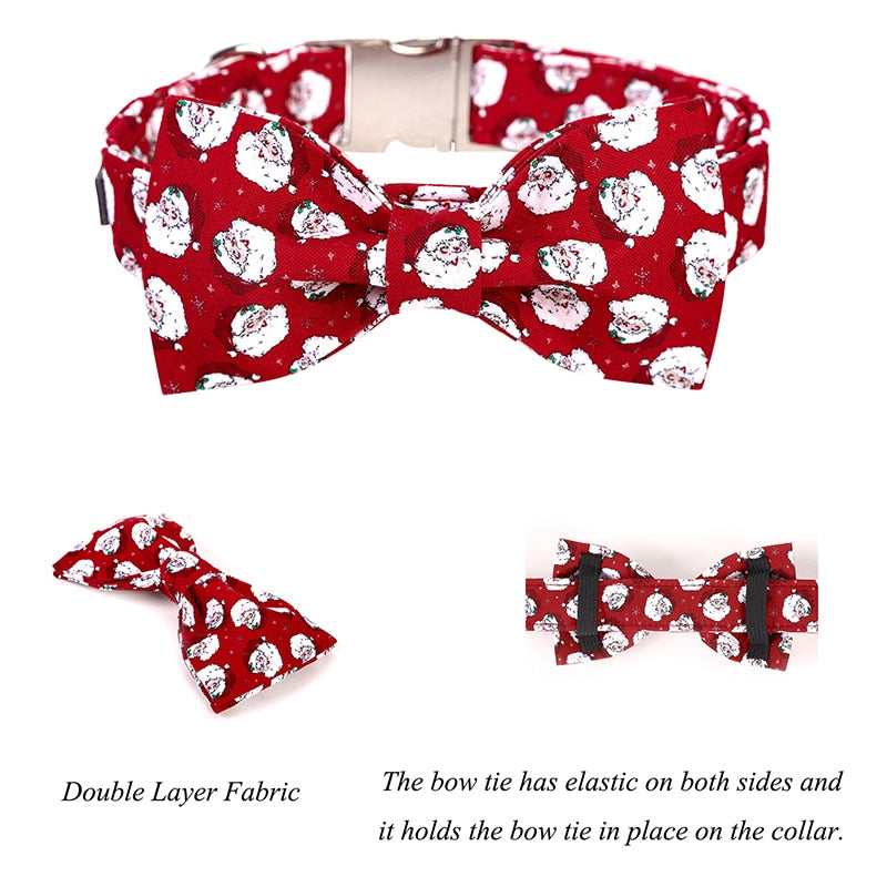 Red Adjustable Christmas Bow Tie Dog Collar with Santa Print