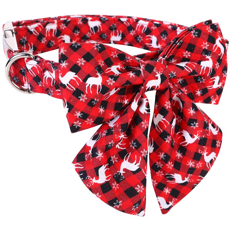 Plaid Adjustable Bow Tie Dog Collar with Reindeer Print