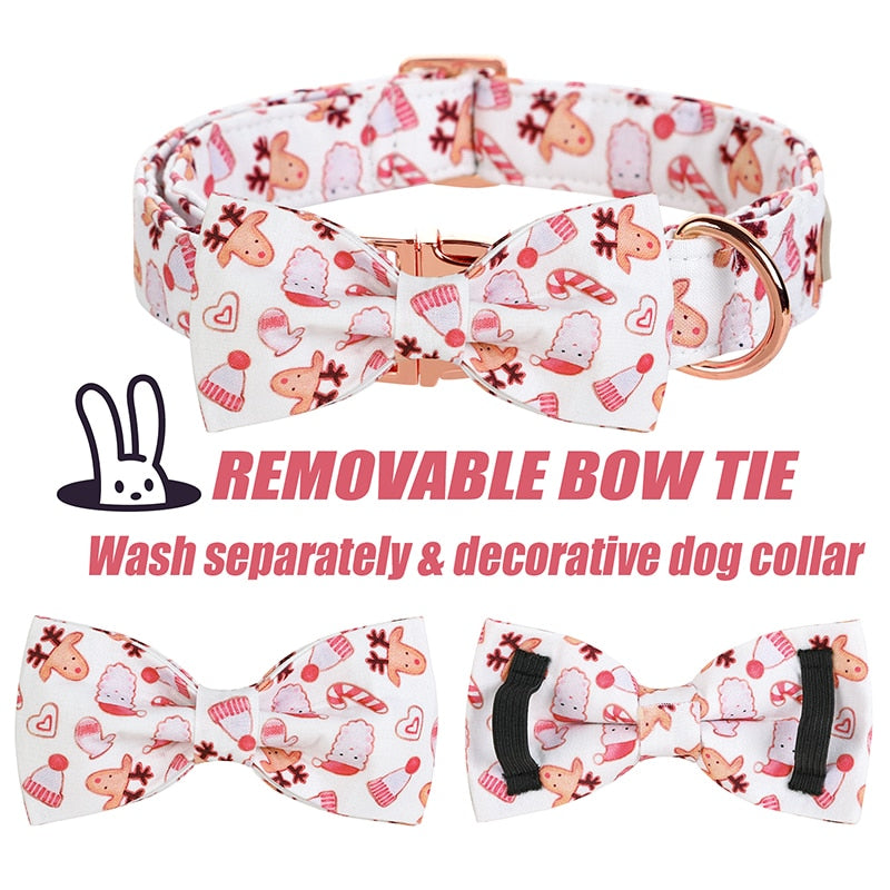 White Bow Tie Dog Collar with Christmas Print