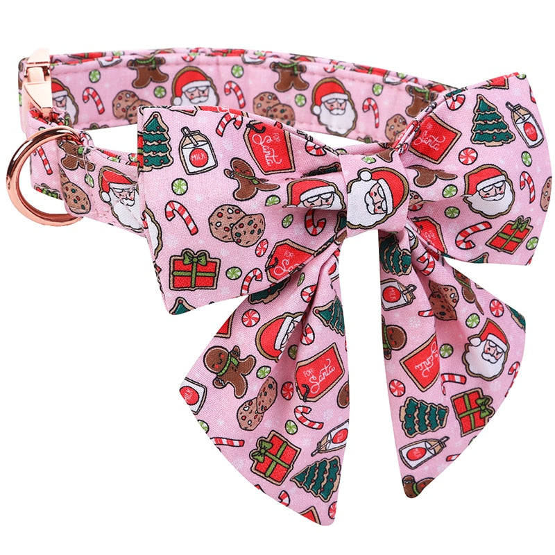 Pink Bow Tie Dog Collar with Christmas Print